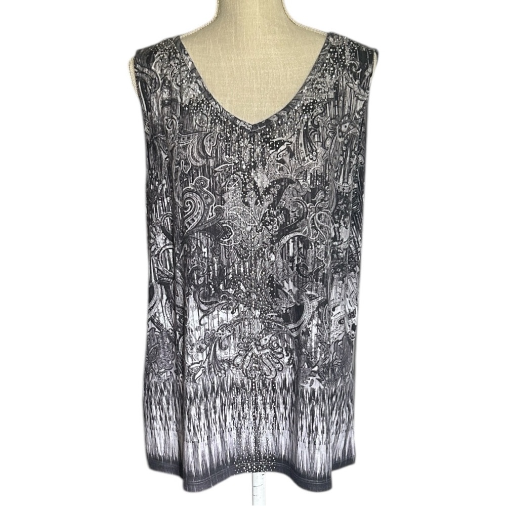 Gloria Vanderbilt Black & White Paisley Patterned Top Sleeveless V-neck Bling XL